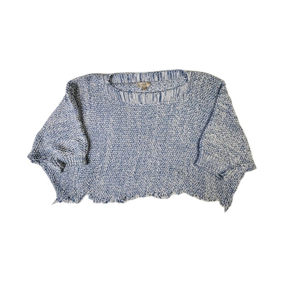 Amanti Chunky Knit Blue White Women's Size Large Crop Top Tunic Boxy Boho Fringe